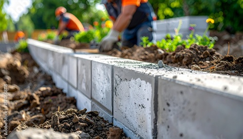 Construction workers installing concrete curbs and landscaping with soil and plants for a garden or pathway