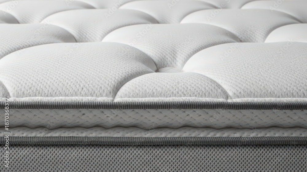 Fototapeta premium Close-up of luxurious quilted white mattress with soft, comfortable texture and gray edging for restful sleep