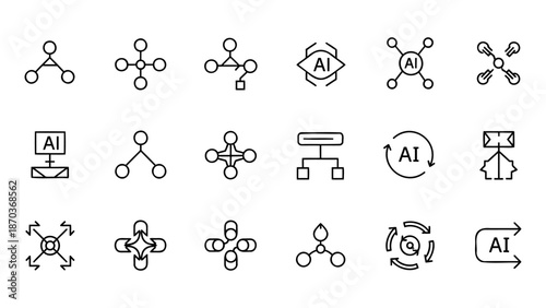 A collection of abstract icons representing artificial intelligence and molecular structures in a minimalist line art style on a white background