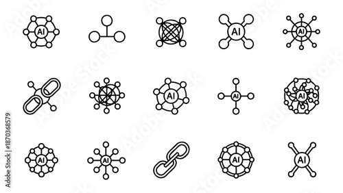 Collection of Molecular Structures and Chemical Bonds Illustrated in Simple Line Art Style