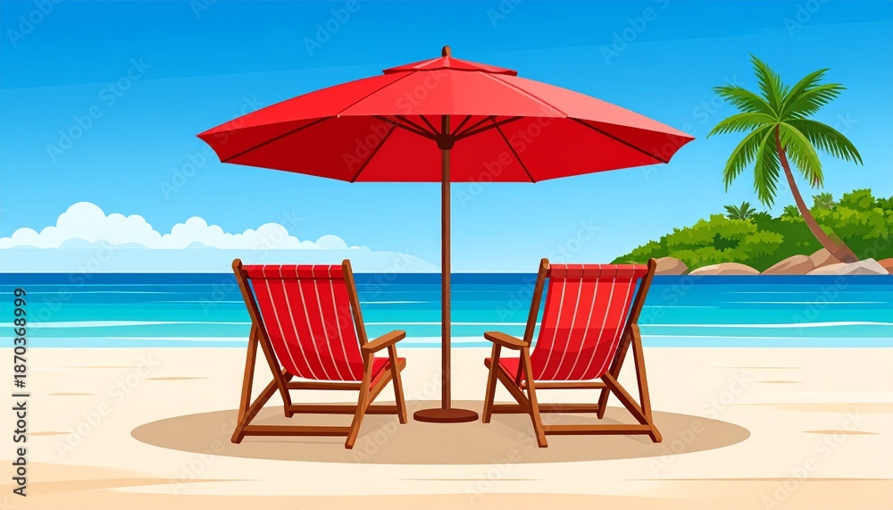 Obraz premium Vibrant tropical beach illustration featuring two red lounge chairs and a matching umbrella, perfect for a relaxing summer vacation by the serene blue ocean