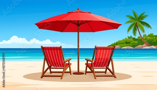 Wallpaper Mural Vibrant tropical beach illustration featuring two red lounge chairs and a matching umbrella, perfect for a relaxing summer vacation by the serene blue ocean Torontodigital.ca