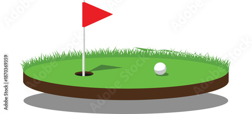 Golf ball on green grass putting course with red flag and hole isolated on white background for sports leisure and recreation