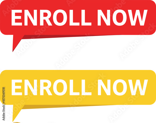 Red and yellow enroll now button banners set isolated on white background for online education course registration admission marketing and web design