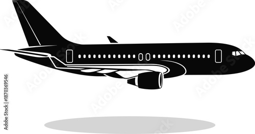 Black airplane silhouette icon isolated on white background for travel tourism commercial aviation transportation cargo logistics and international flight business services