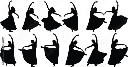 Elegant female ballet dancer silhouettes performing classical dance poses isolated on white background modern artistic vector illustration collection set