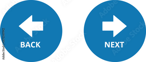 Blue Circular Back and Next Navigation Buttons Set with White Arrows and Text Isolated on White Background for Web Interface Design