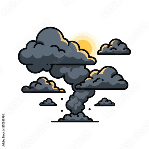 A cartoonish illustration of a tornado forming from dark clouds