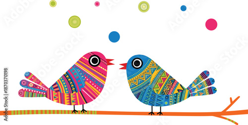 Two Colorful Birds with Traditional Tribal Patterns Sitting on a Branch for Spring Nature Design Ethnic Folklore and Whimsical Animal Illustration