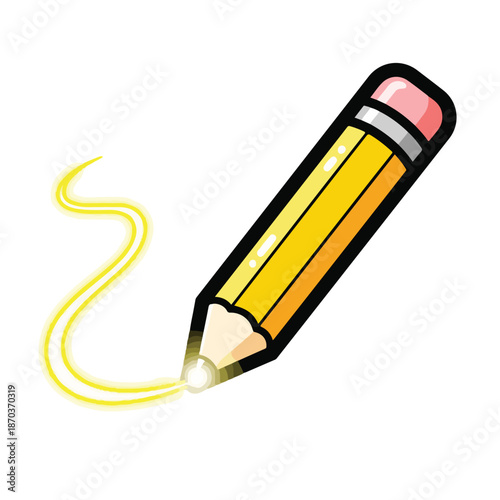 A cartoon yellow pencil with pink eraser drawing a yellow line
