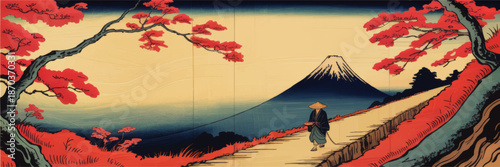 Traditional Japanese landscape illustration with Mount Fuji, red maple trees and lone traveler on mountain path at sunrise