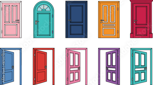 Colorful illustrated closed and open door collection, architectural interior entrance design set for creativity, home decor concepts, construction and property projects.