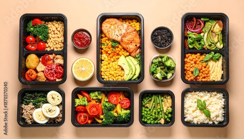 Assortment of prepped healthy meals in black containers, showcasing a balanced diet for daily convenience and nutrition, perfect for active lifestyles and weight management