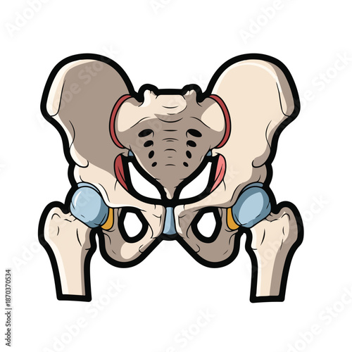 A cartoon-style illustration of a human pelvis