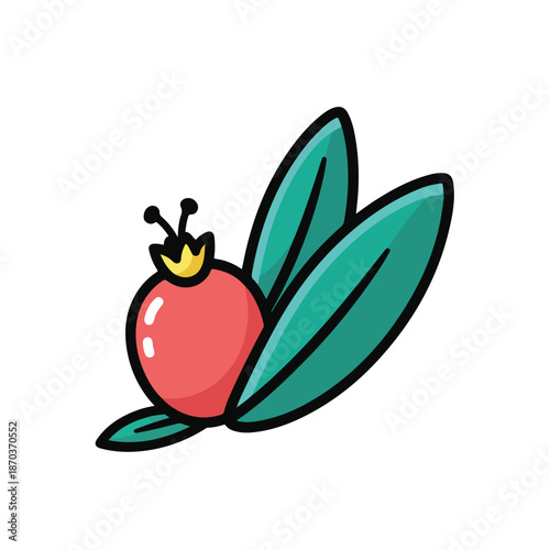 A cartoonish red fruit with green leaves