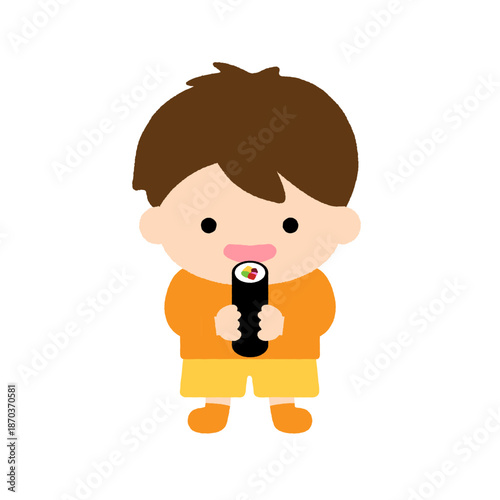 節分に恵方巻きを食べる男の子のかわいいイラスト｜日本の季節行事・子ども向け素材