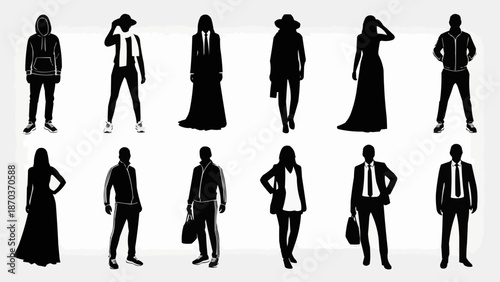 Collection of Diverse Silhouettes of People in Various Fashionable Outfits.