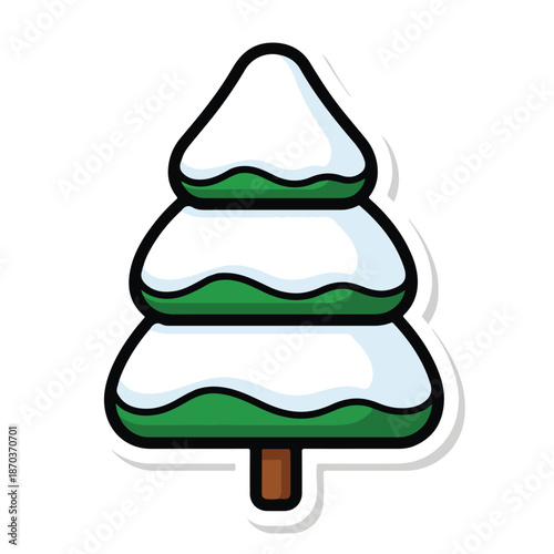 A cartoonish snow-covered pine tree with a brown trunk