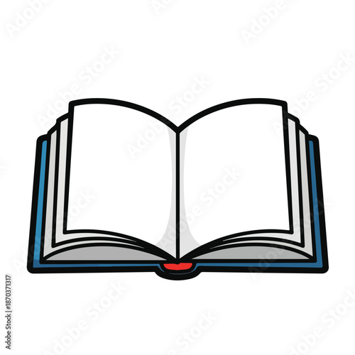 A cartoon-style illustration of an open book with a blue cover