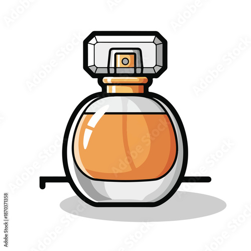 A cartoon-style illustration of an orange perfume bottle