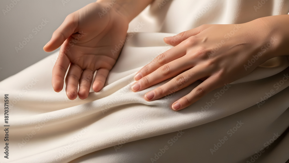 Fototapeta premium Close-up of a person's hands resting gently on smooth white fabric with