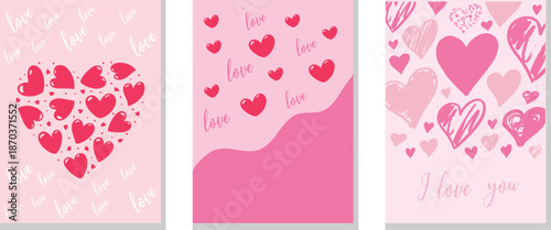 Three lovely vertical cards adorned with numerous pink and red hearts on light pink and pale backgrounds