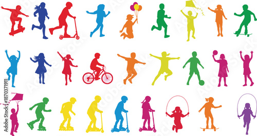 Colorful Silhouettes of Children Playing Sports and Outdoor Activities Set Including Biking Skating Scooting Jumping and Flying Kites on White Background
