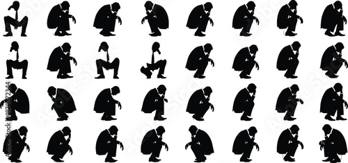 Set of Construction Worker Silhouettes Including Builders Using Hammers Shovels and Pickaxes with Male Figures in Hard Hats and Work Overalls