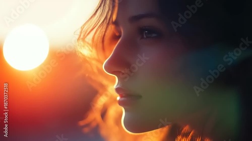 Female profile silhouetted against bright setting sun with hair illuminated