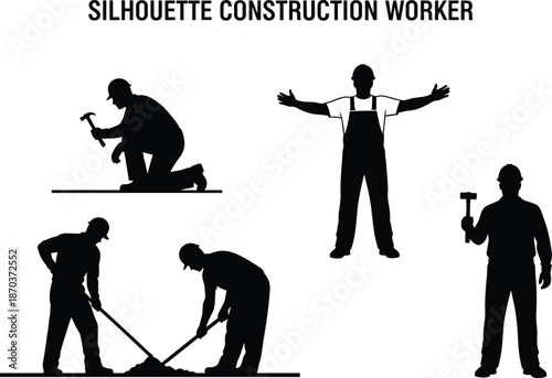 Set of Black Silhouette Construction Workers and Builders Carrying Out Professional Site Tasks Using Shovels Hammers and Tools on White Background