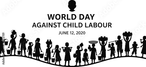 Black Silhouette Illustration for World Day Against Child Labour June 12 Featuring Children Carrying Heavy Buckets and Baskets on White Background