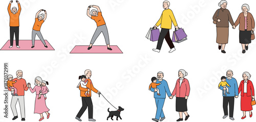 Elderly Couple and Seniors Engaged in Active Lifestyle Activities Including Stretching Exercise Shopping Walking the Dog and Spending Time with Grandchildren