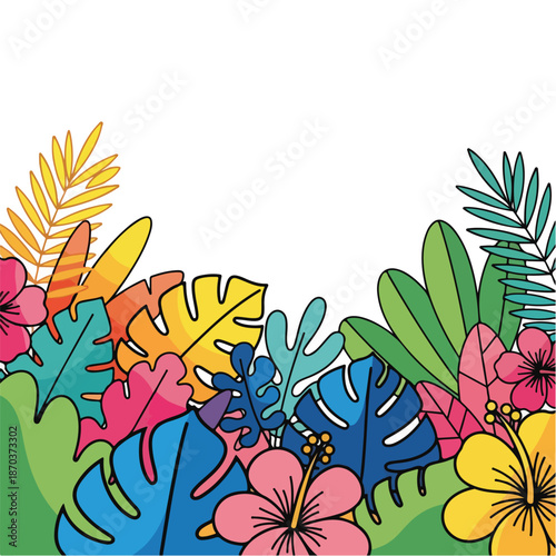 A colorful arrangement of tropical leaves and flowers
