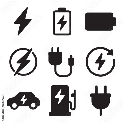 Containing charge, battery, energy, electricity, charger, recharge, electric car, charging station. Charging outline icon set vector