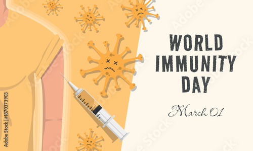 World Immunity Day Poster. A person is injected with a vaccine so that they are immune from the virus