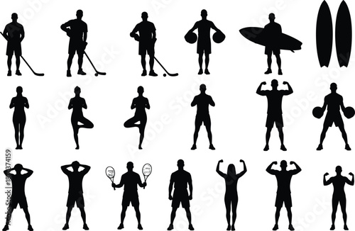 Comprehensive Collection of Sports and Fitness Silhouettes Featuring Hockey Players Surfers Tennis Athletes Yoga Poses Bodybuilders and Active People Isolated on White