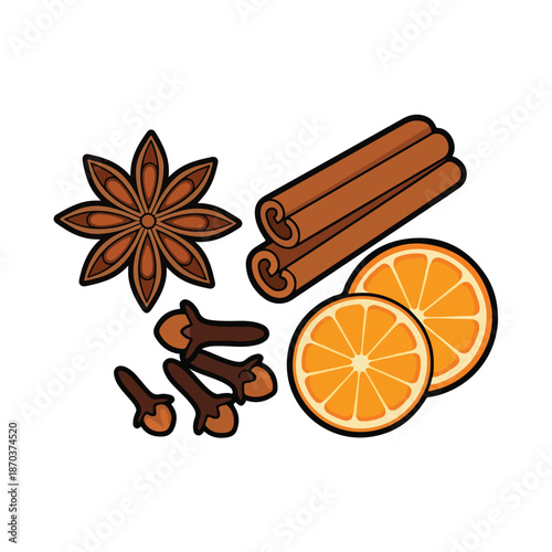 A colorful illustration of spices and orange slices