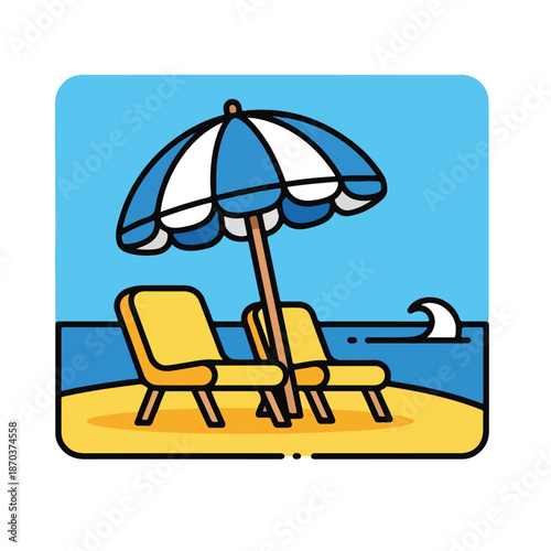 A beach scene with two lounge chairs and umbrella