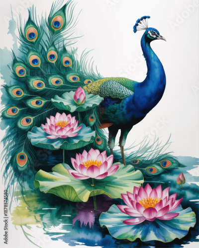 Elegant peacock with colorful tail and pink lotus flowers on tranquil water, vibrant watercolor bird art illustration