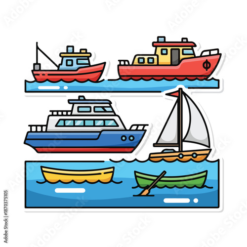 A colorful illustration of various boats on water
