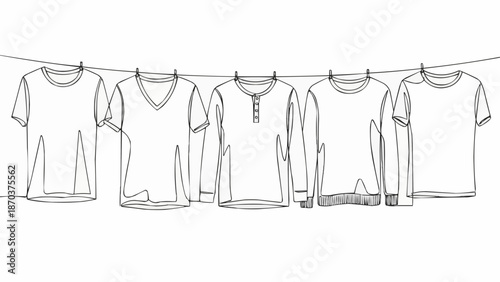 Five T-shirts hanging on a clothesline in a continuous line drawing.