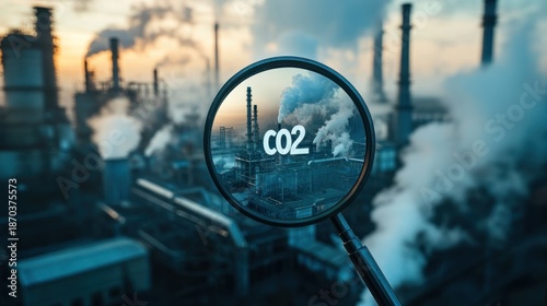 Magnifying Glass Focus on CO2 Emission From Industrial Factory in Smoky Atmosphere During Sunset