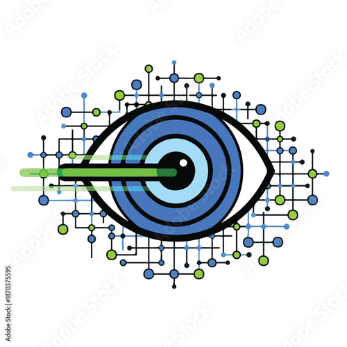 A blue eye with black and green accents surrounded by molecular structures