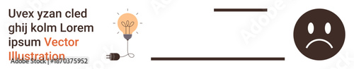Emotional expression, creativity, problem-solving, communication design, social media icons, educational material. Sad face emotion and lightbulb icon next to placeholder text. Emotional expression