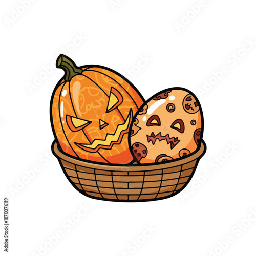 A bowl contains two carved pumpkins
