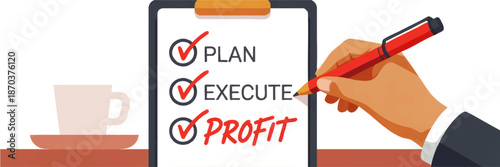 Business checklist illustration with hand writing plan execute profit on clipboard, flat design workflow concept for strategy and startup growth