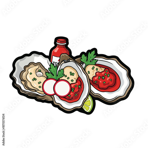 A colorful illustration of oysters with condiments
