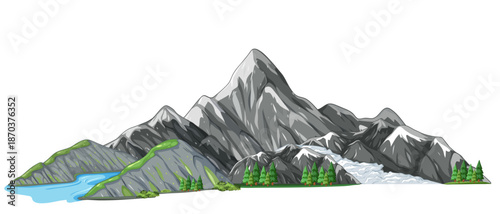 Mountain Peaks Illustration with Green Slopes, Evergreen Trees and Blue Lake Isolated on White Background. vector illustration