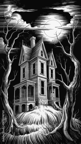 Spooky haunted Victorian house illustration with full moon, creepy trees and dramatic night sky, gothic horror Halloween artwork
