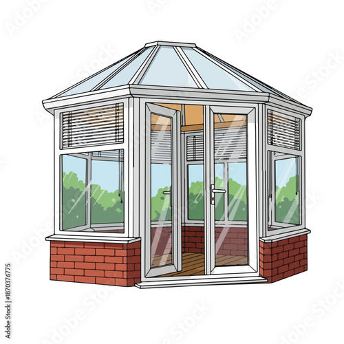A conservatory with glass roof and brick base